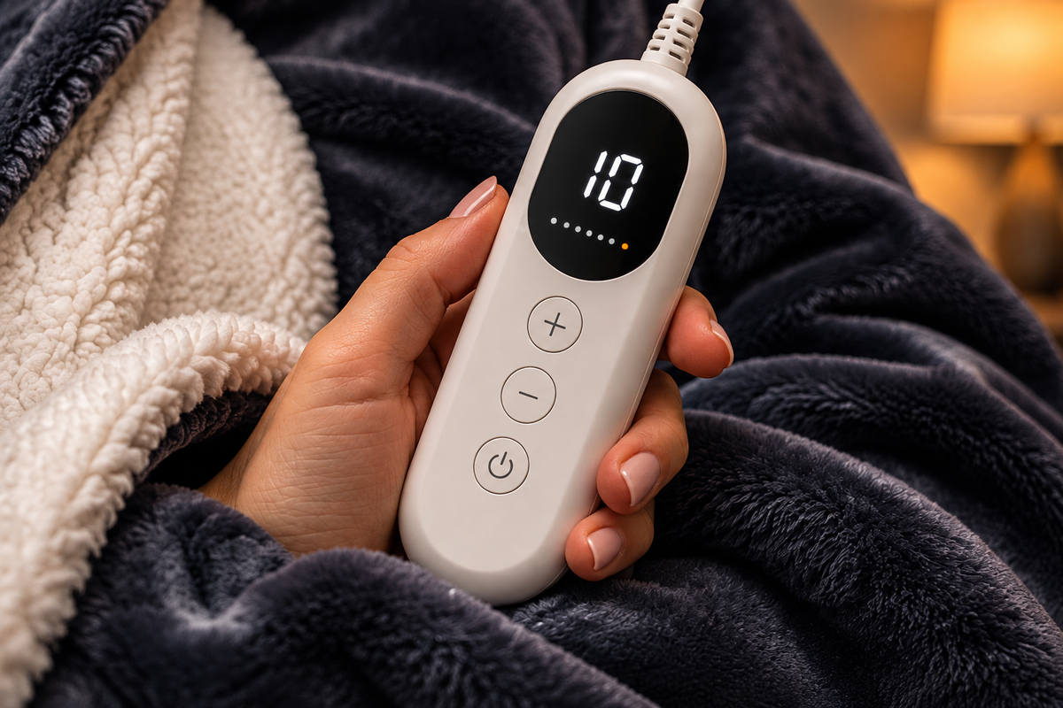 CozyCloud controller showing level 10 over navy flannel and white sherpa fabric